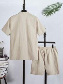 GENTILAND Nam Bông Chất rắn Nút phía trước Áo sơ mi & Eo dây rút Quần short - Màu be - Xem 2