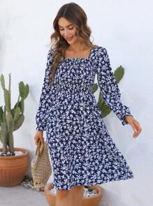 Ditsy Floral Square Neck A-line Dress - Navy Blue - View 1