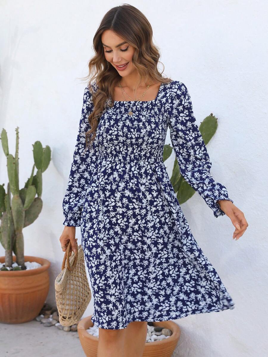 Ditsy Floral Square Neck A-line Dress - Navy Blue - View 1