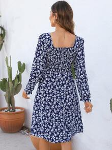 Ditsy Floral Square Neck A-line Dress - Navy Blue - View 2