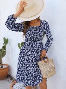 Ditsy Floral Square Neck A-line Dress - Navy Blue - View 3