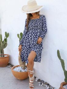 Ditsy Floral Square Neck A-line Dress - Navy Blue - View 4