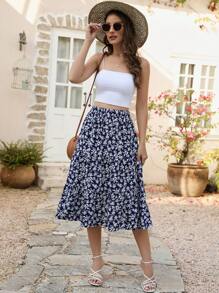 碎花斜口袋荷葉邊半身裙