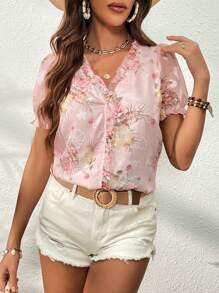 SHEIN VCAY 印花褶邊泡泡袖荷葉邊襯衫 - 淺粉色 - 查看 5