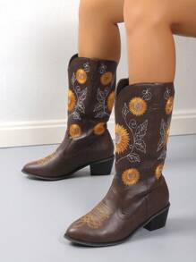 ROMWE Goth 女性花卉刺繡尖頭粗跟西部風格休閒時尚靴子 - 咖啡棕 - 查看 1