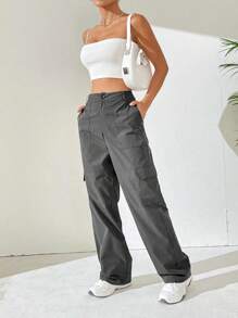 SHEIN Unity 素色側翻蓋口袋工裝褲 - 灰色 - 查看 4