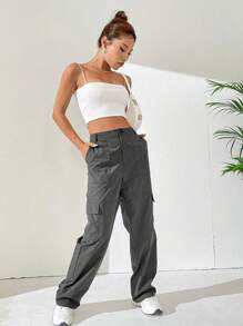 SHEIN Unity 素色側翻蓋口袋工裝褲 - 灰色 - 查看 5