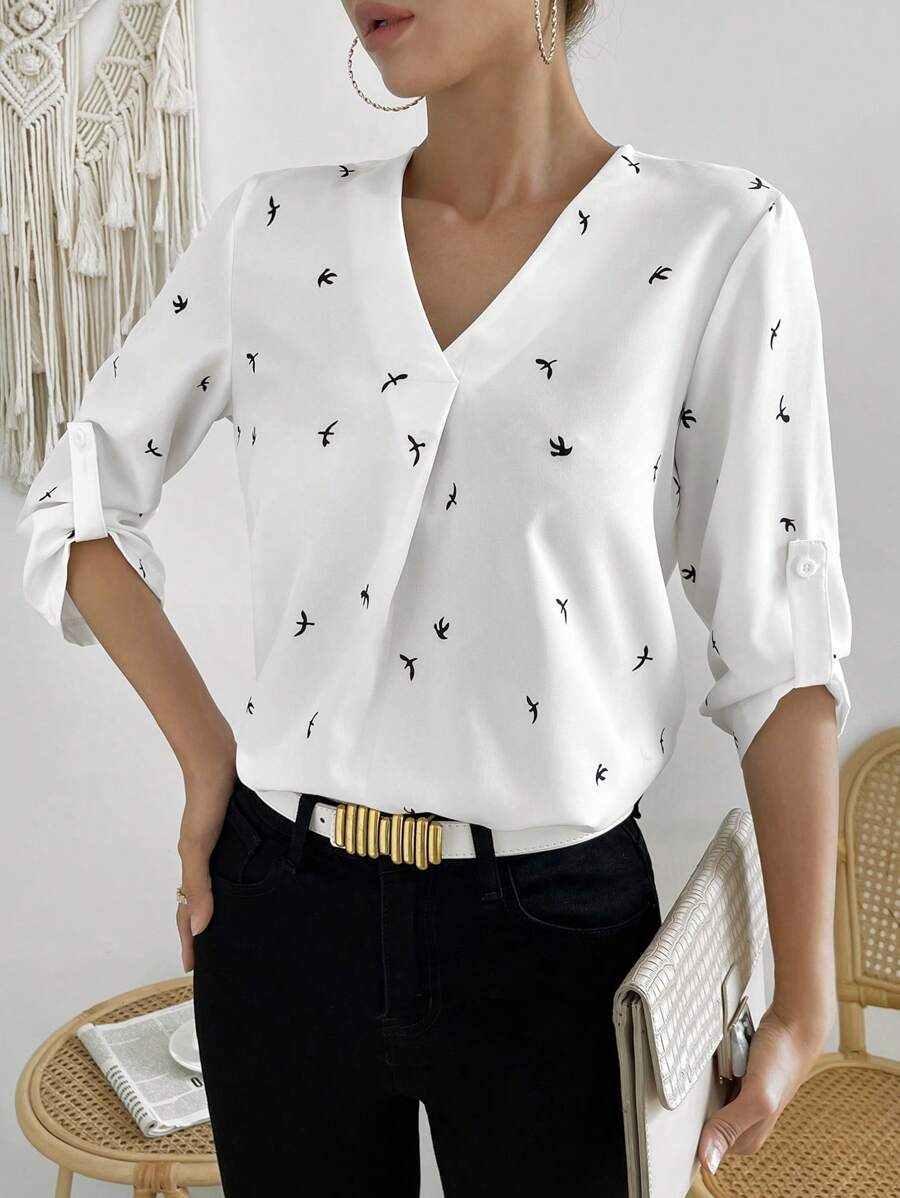 SHEIN LUNE Bird Print Roll Tab Sleeve Blouse - White - View 1