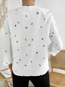 SHEIN LUNE Bird Print Roll Tab Sleeve Blouse - White - View 2