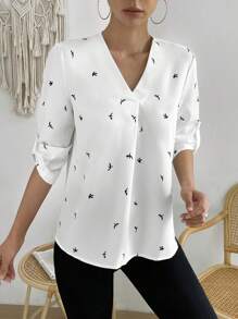 SHEIN LUNE Bird Print Roll Tab Sleeve Blouse - White - View 5