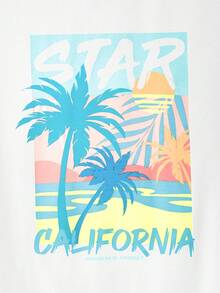 Manfinity 男士熱帶印花和字母圖案T恤和腰部抽繩短褲 - 藍白色 - 查看 3