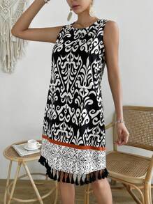 SHEIN VCAY Allover Print Fringe Hem Tank Dress - Black and White - View 5