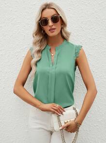 SHEIN Clasi Áo sơ mi nữ Tương phản ren màu trơn Giải trí - Màu xanh Bạc hà - Xem 5