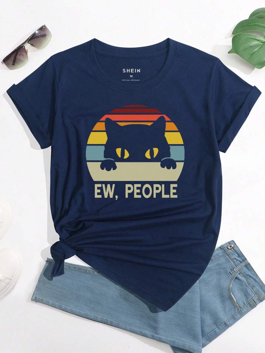 INAWLY Cartoon And Slogan Graphic Tee EW, PEOPLE - Navy Blue - View 1