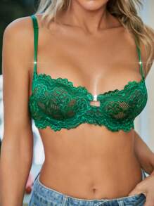 花卉蕾絲鋼圈文胸 - 墨綠色 - 查看 1