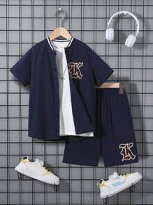 SHEIN 男孩字母圖案棒球領襯衫和短褲不帶T恤 - 藏蓝色 - 查看 1