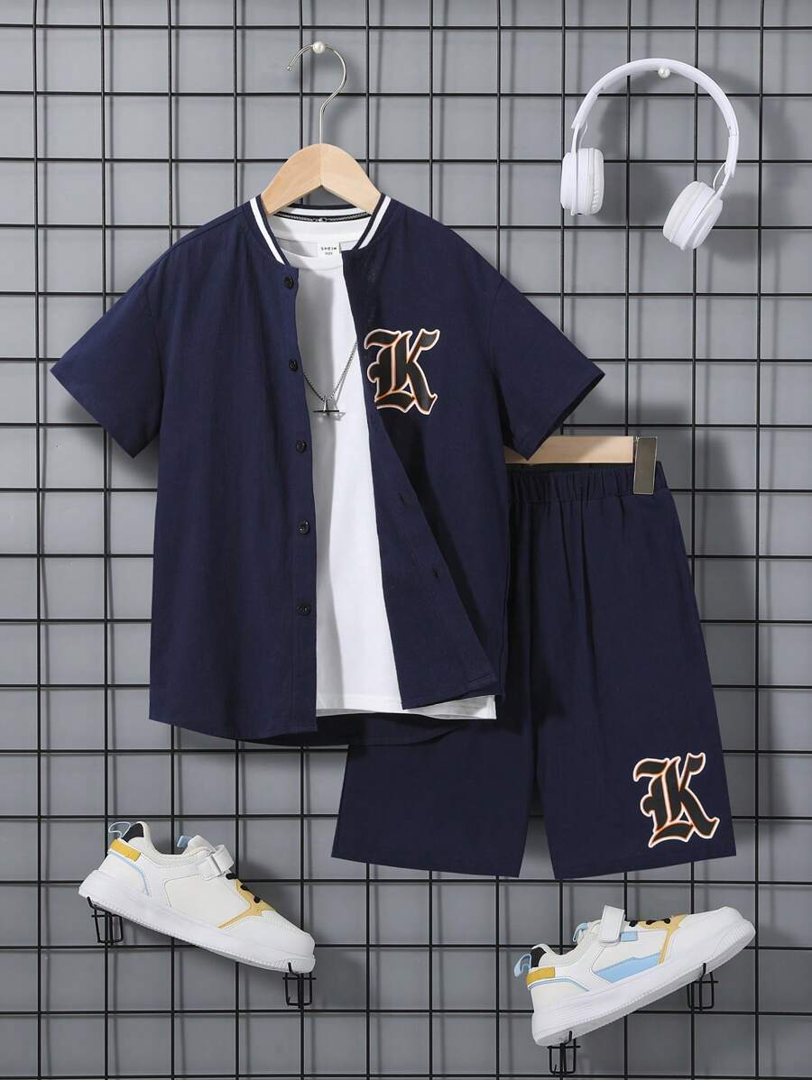 SHEIN 男孩字母圖案棒球領襯衫和短褲不帶T恤 - 藏蓝色 - 查看 1