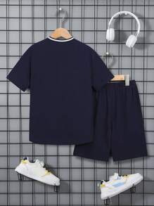 SHEIN 男孩字母圖案棒球領襯衫和短褲不帶T恤 - 藏蓝色 - 查看 2
