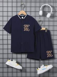 SHEIN 男孩字母圖案棒球領襯衫和短褲不帶T恤 - 藏蓝色 - 查看 7