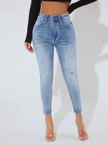 SHEIN PETITE Quần jean nữ Nút Túi Bị tách Dây kéo màu trơn - Rửa nhẹ - Xem 5