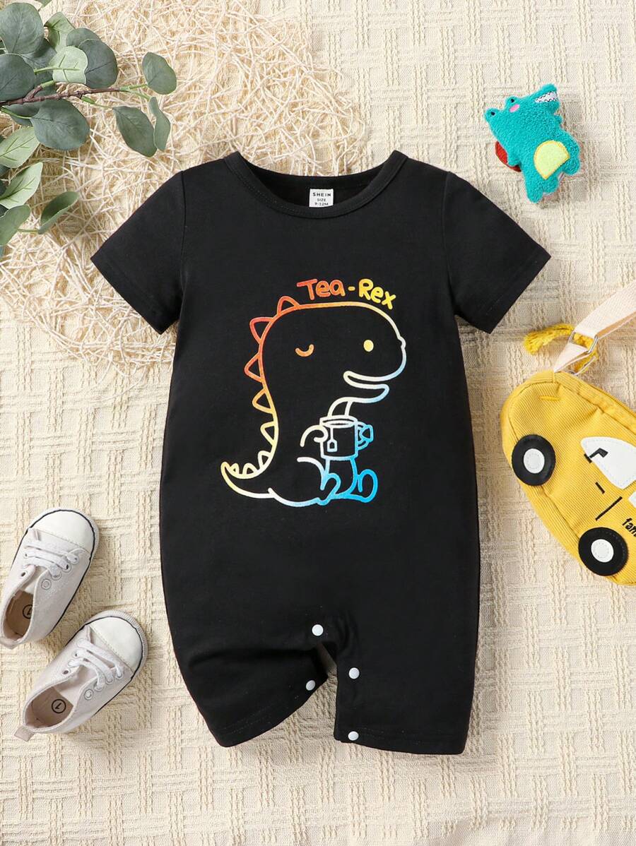 男婴恐龙印花连体衣 - 黑色 - 查看 1