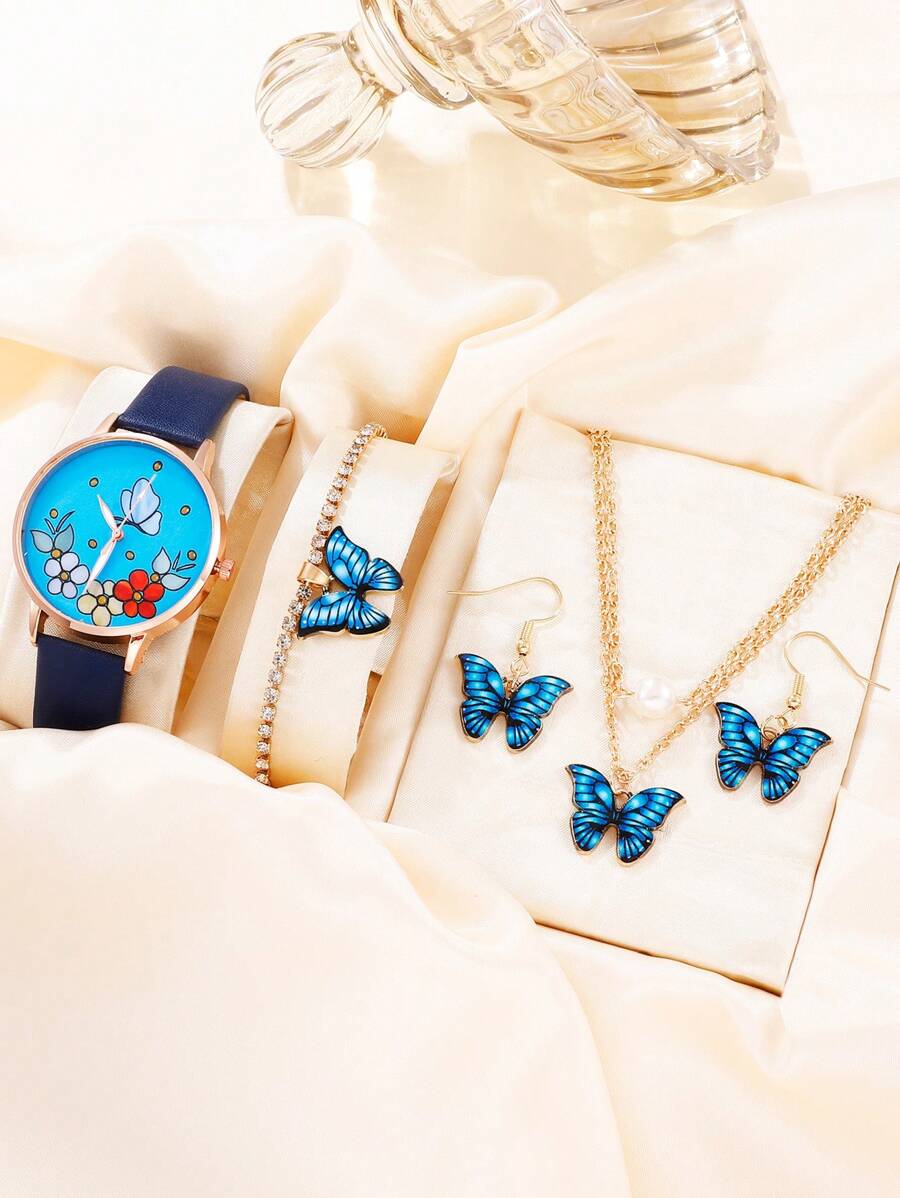 Đồng hồ thạch anh mặt in hình bướm 1 cái & Bộ trang sức 4 chiếc - Màu xanh lam - Xem 1