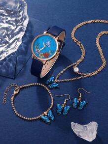Đồng hồ thạch anh mặt in hình bướm 1 cái & Bộ trang sức 4 chiếc - Màu xanh lam - Xem 4