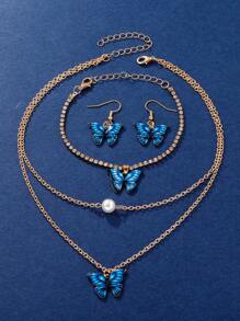 Đồng hồ thạch anh mặt in hình bướm 1 cái & Bộ trang sức 4 chiếc - Màu xanh lam - Xem 5