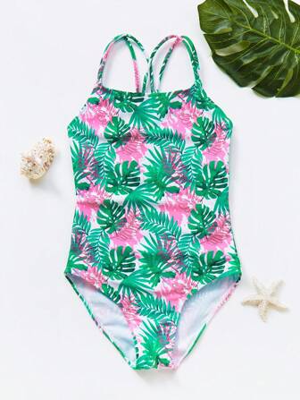 女大童熱帶圖案交叉露背連體泳衣