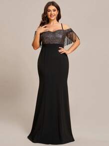 EVERPRETTY Plus Cold Shoulder Fringe Trim Contrast Sequin Mermaid Hem Formal Dress - Black - View 1