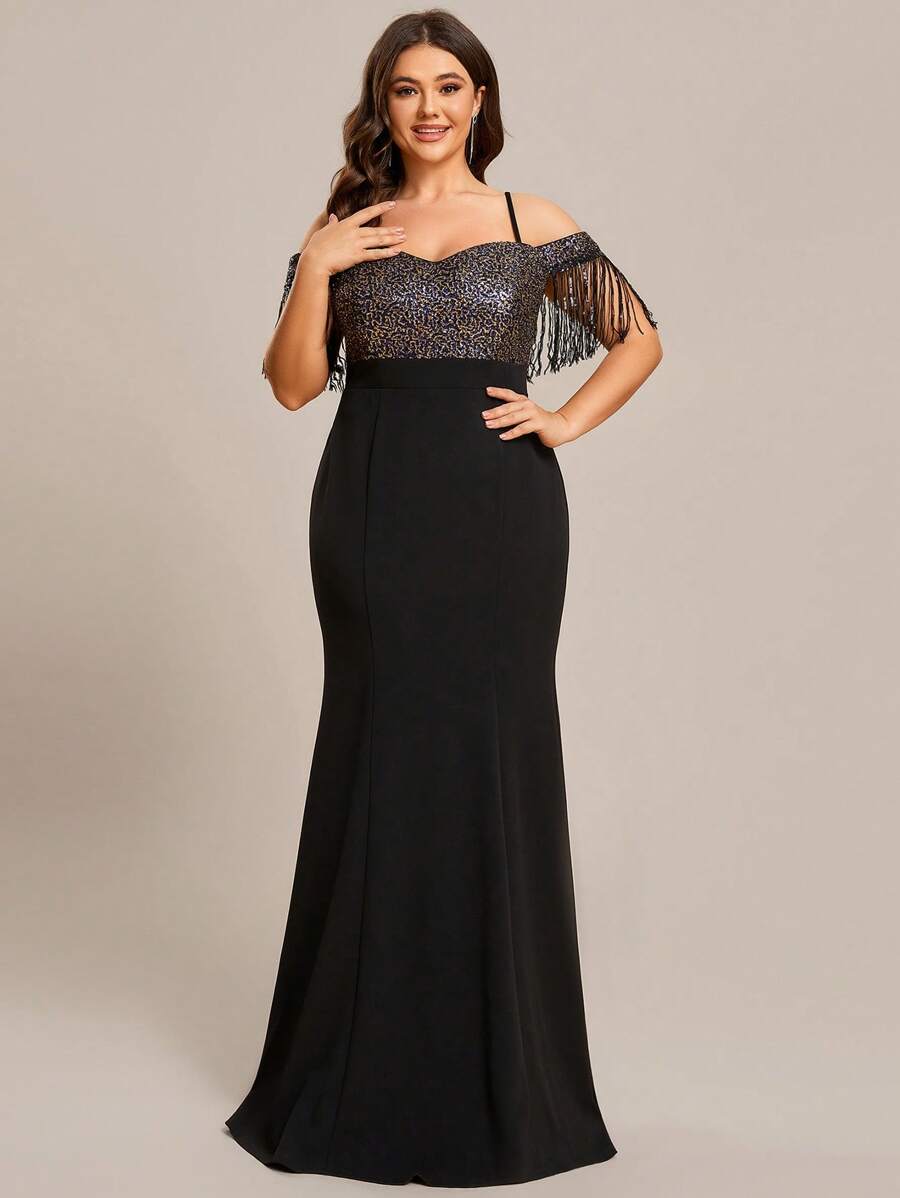 EVERPRETTY Plus Cold Shoulder Fringe Trim Contrast Sequin Mermaid Hem Formal Dress - Black - View 1