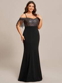 EVERPRETTY Plus Cold Shoulder Fringe Trim Contrast Sequin Mermaid Hem Formal Dress - Black - View 3