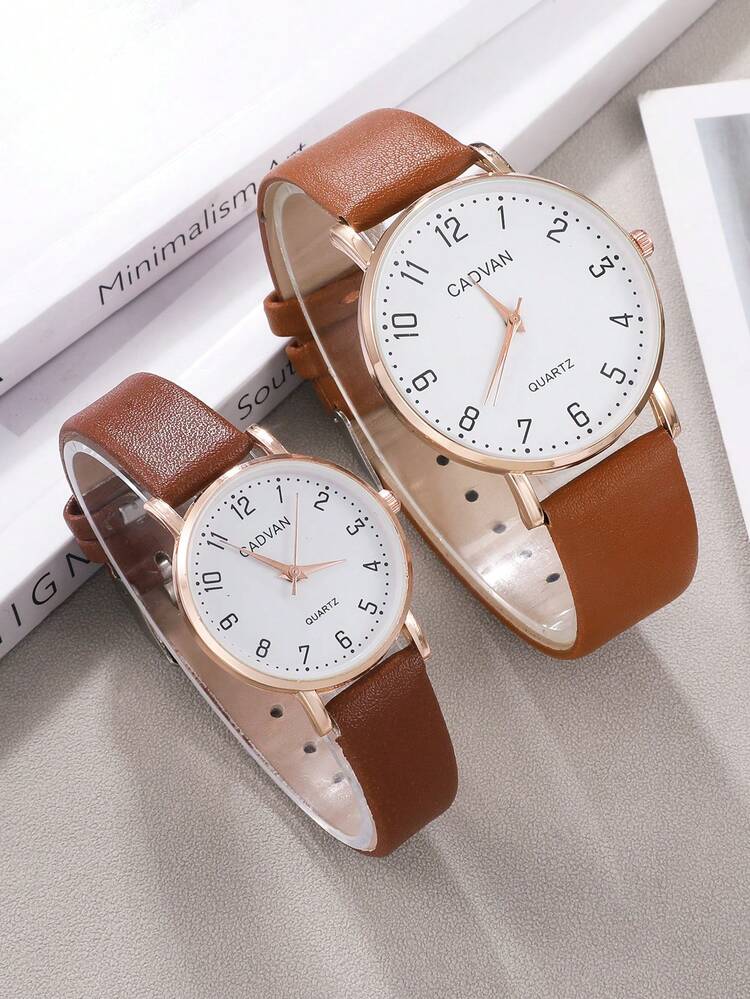 CADVAN 2 piezas pareja marrón poliuretano PU con tira moda redondo Reloj cuarzo de esfera & 2 piezas para vida diaria - Marrón - Añade 3