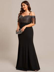EVERPRETTY Plus Cold Shoulder Fringe Trim Contrast Sequin Mermaid Hem Formal Dress - Black - View 4
