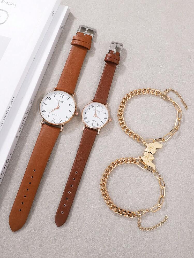 CADVAN 2 piezas pareja marrón poliuretano PU con tira moda redondo Reloj cuarzo de esfera & 2 piezas para vida diaria - Marrón - Añade 4