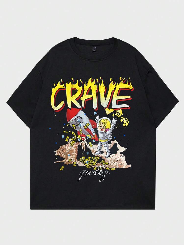 ROMWE MEN Street Life Hombres Camiseta con estampado de letra y dibujos animados - Negro - Añade 1