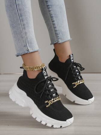 Kvinnor Letter grafisk kedja dekor snörning löparskor, sportiga utomhus tyg sportskor