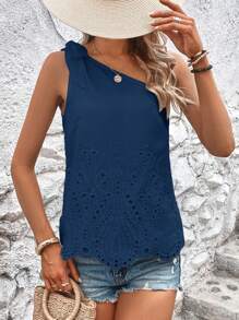 SHEIN Holidaya Áo sơ mi nữ Thắt nút Sò điệp Tranh thêu màu trơn Boho - Màu xanh hải quân - Xem 1