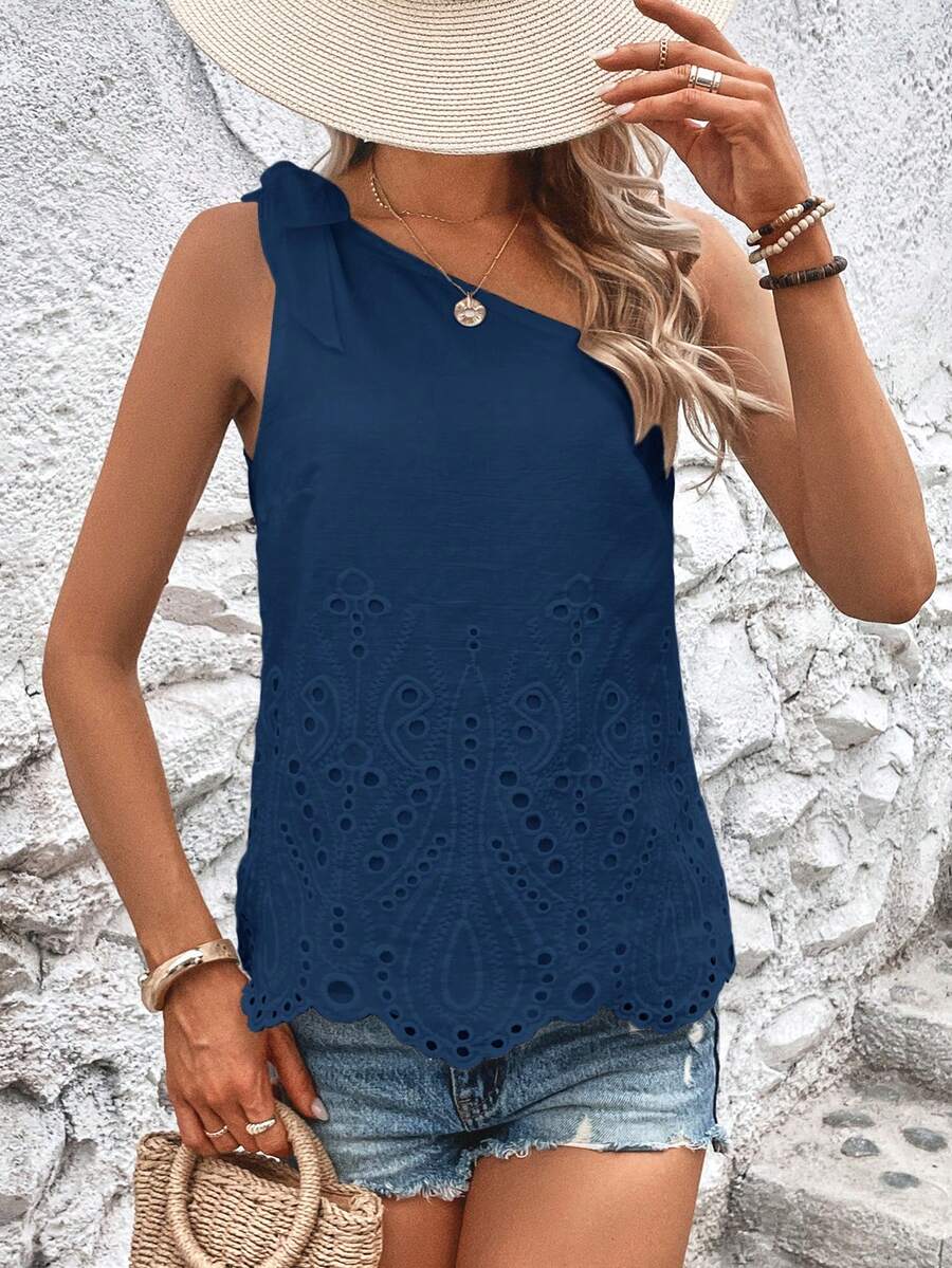 SHEIN Holidaya Áo sơ mi nữ Thắt nút Sò điệp Tranh thêu màu trơn Boho - Màu xanh hải quân - Xem 1