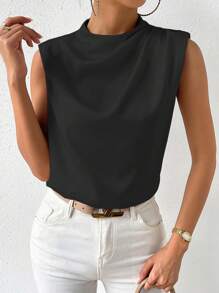 SHEIN Clasi 素色前垂褶無袖襯衫 - 黑色 - 查看 5