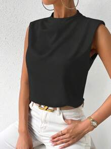 SHEIN Clasi 素色前垂褶無袖襯衫 - 黑色 - 查看 6