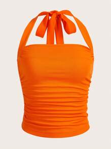 SHEIN EZwear Top halter unicolor fruncido - Naranja - Ver 1