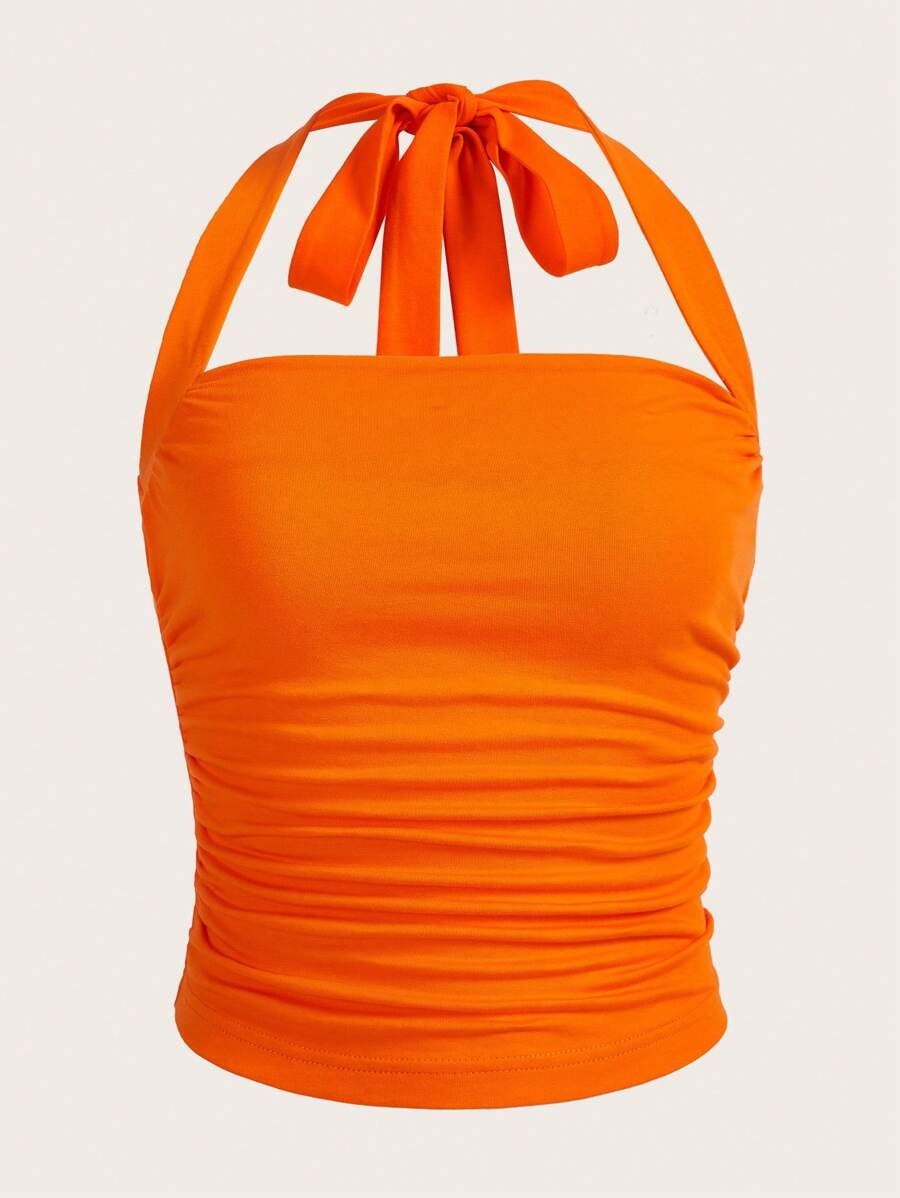 SHEIN EZwear Top halter unicolor fruncido - Naranja - Ver 1