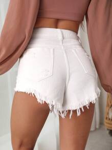 SHEIN Frenchy 破洞毛邊牛仔短褲 - 白色 - 查看 2