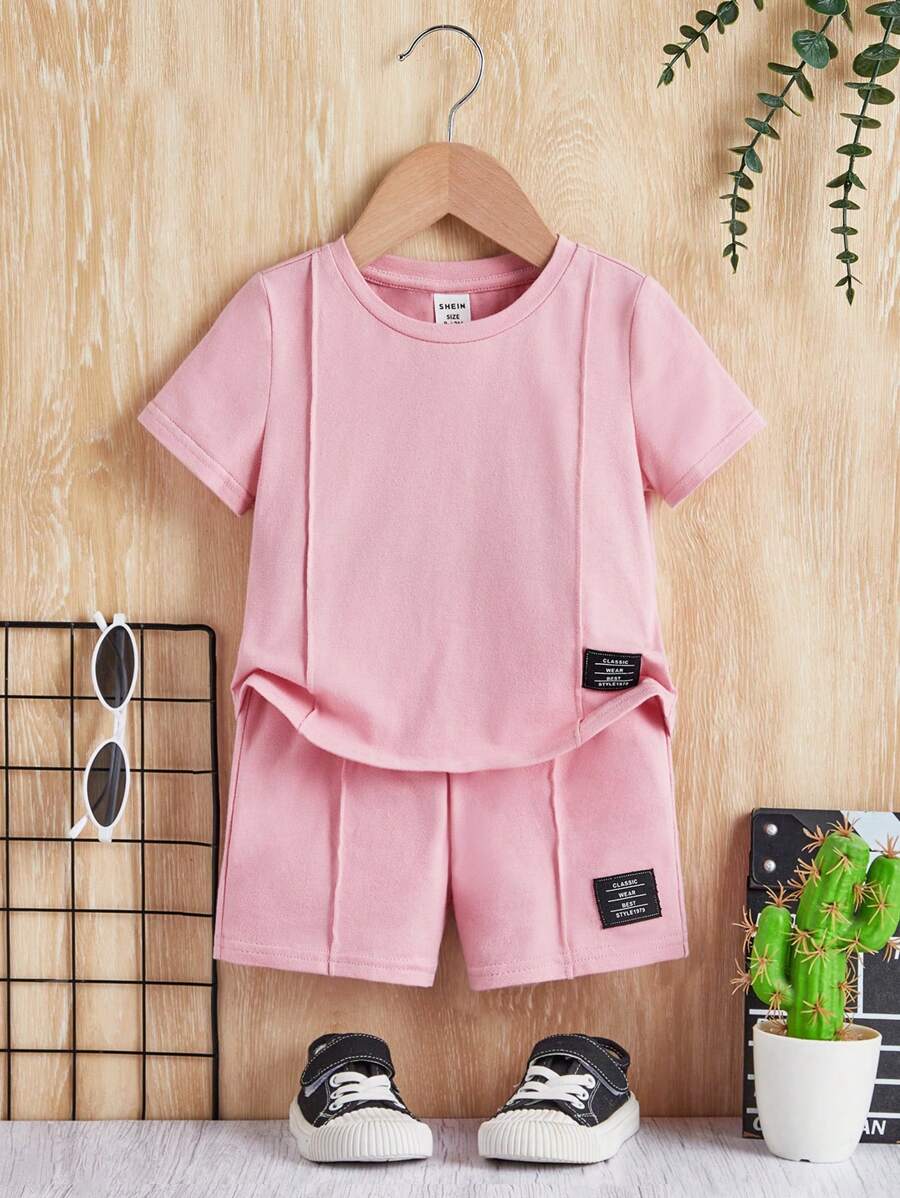 SHEIN Baby Boy Letter Patched Tee & Seam Detail Shorts - Baby Pink - View 1
