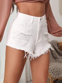 SHEIN Frenchy 破洞毛邊牛仔短褲 - 白色 - 查看 5