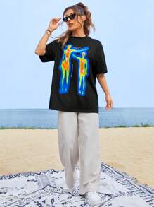 SHEIN EZwear Body Heat Map Print Drop Shoulder Tee Orphean Melody Always Stunning Charismatic Energy - Black - View 3