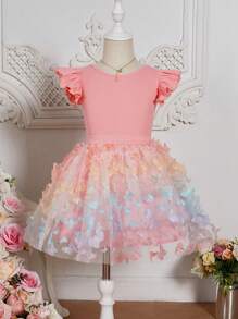 SHEIN Girls Ruffle Trim Tee & Butterfly Appliques Mesh Skirt - Multicolor - View 3