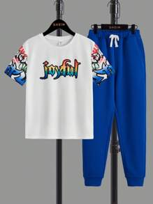 SHEIN Camiseta gráfica con letras y pantalones de chándal con cintura ajustable con cordón para niños preadolescentes - Multicolor - Ver 1