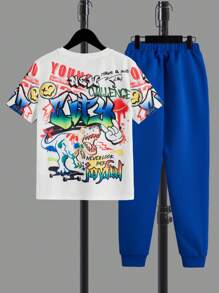 SHEIN Camiseta gráfica con letras y pantalones de chándal con cintura ajustable con cordón para niños preadolescentes - Multicolor - Ver 2